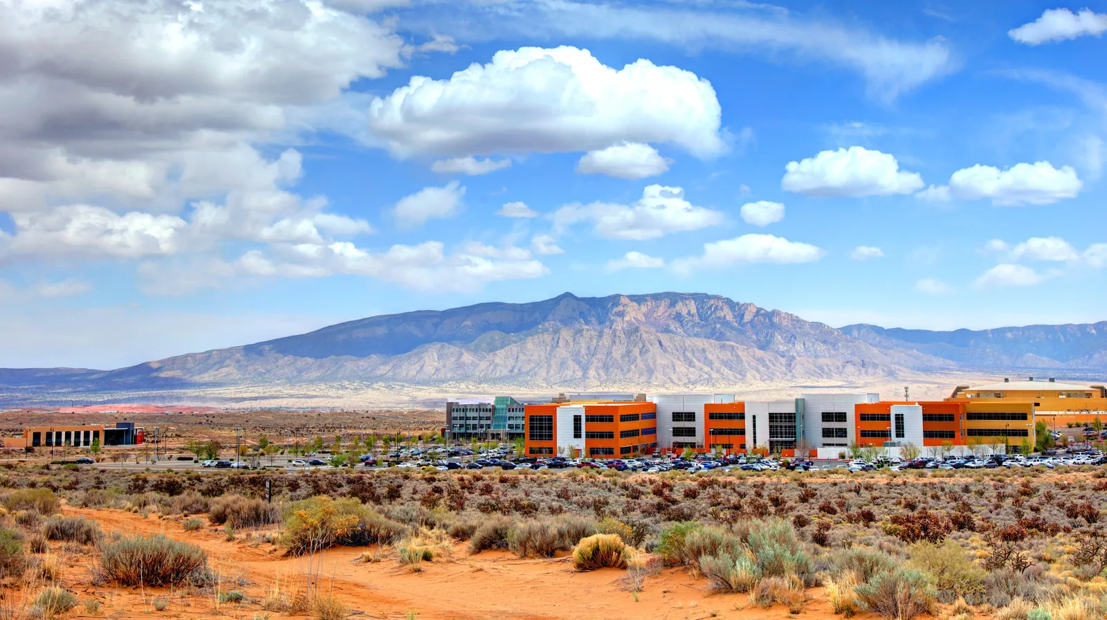 Commercial buildings below the Sandia Mountains near Rio Rancho, NM